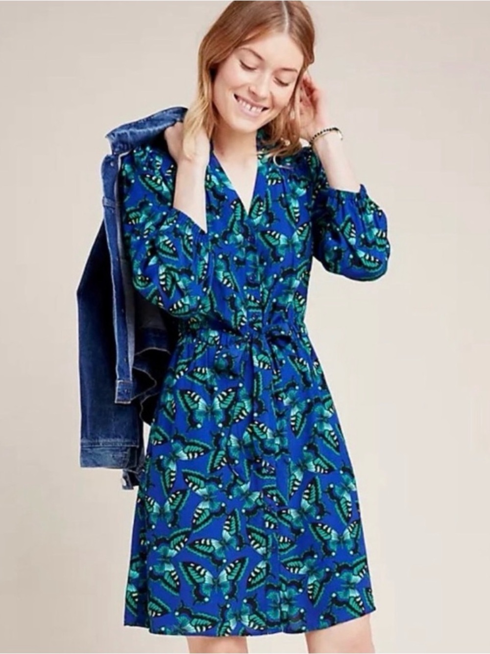 Anthropologie Maeve Pippa Blue Butterfly-Print Long-Sleeve Shirt Dress Size XL